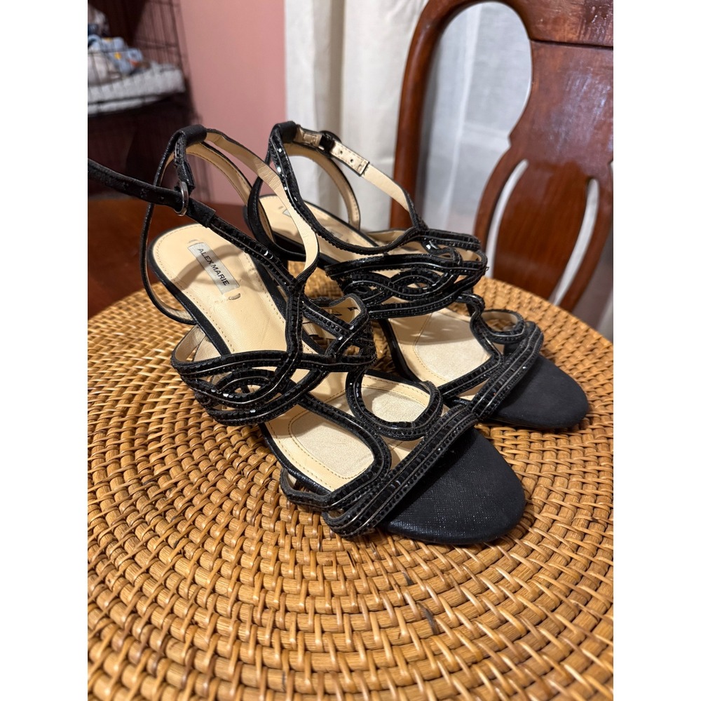 Alex Marie Black Beaded Strappy Heeled Sandals Evening Dress Shoes Womens 7-7.5